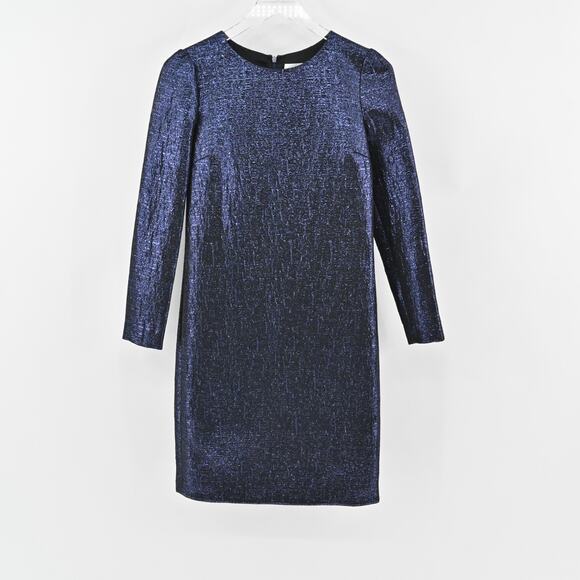 ARIANA‎ ROCKEFELLER Dress Size 0 Silk Black Blue Metallic Long Sleeve Shift Silk - Picture 2 of 12